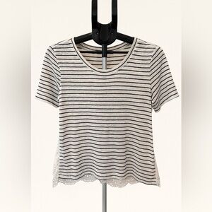Joie White Navy Stripe Linen Cotton Top w/ Eyelet Lace Hem Size Small EUC